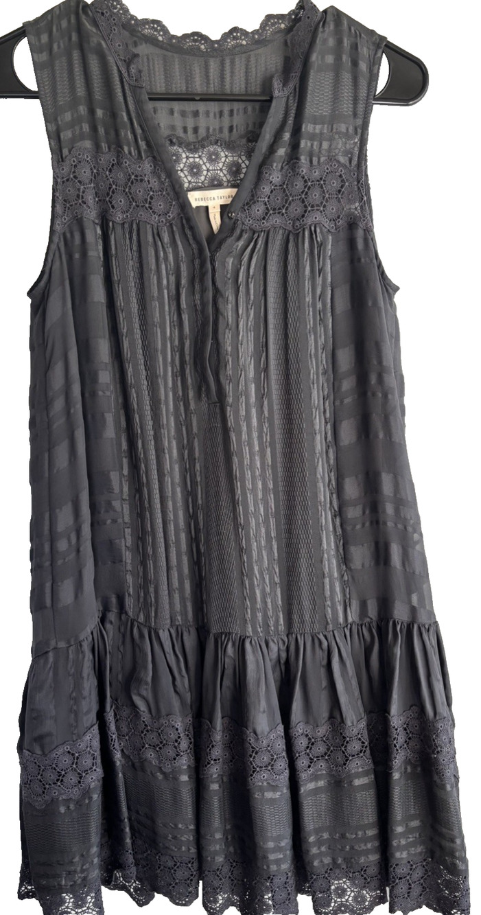Rebecca Taylor Womens Gray Silk Tiered Lace Trim Dress Size 4